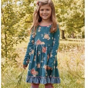 Matilda Jane Choose Your Own Path Dress Girls 8 Teal Pink Floral Twirly Ruffles